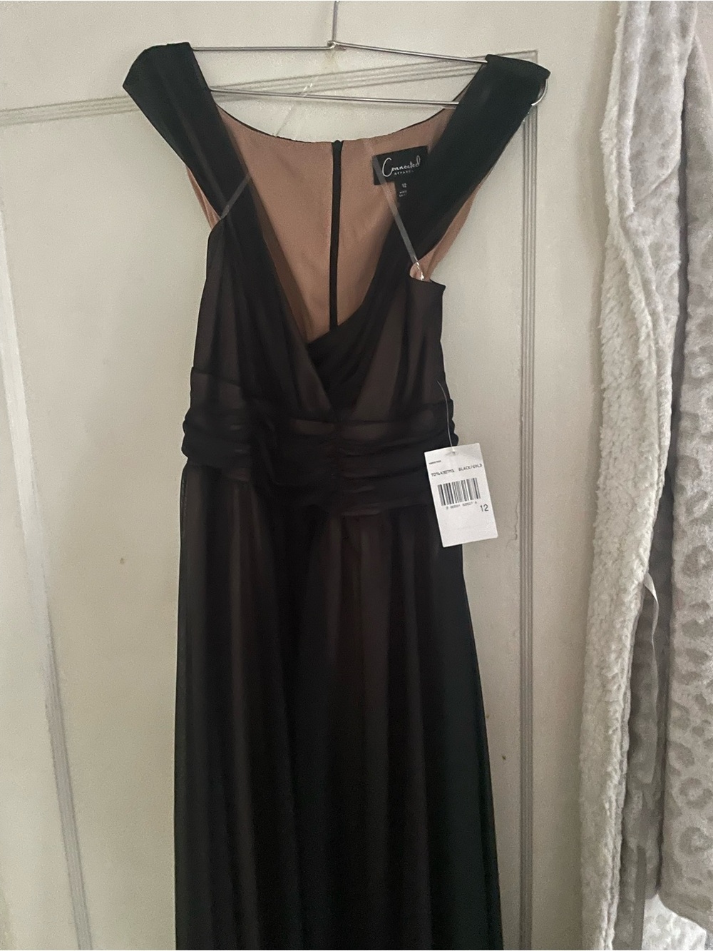 connected apparel Black Midi Dress with Sheer Overlay